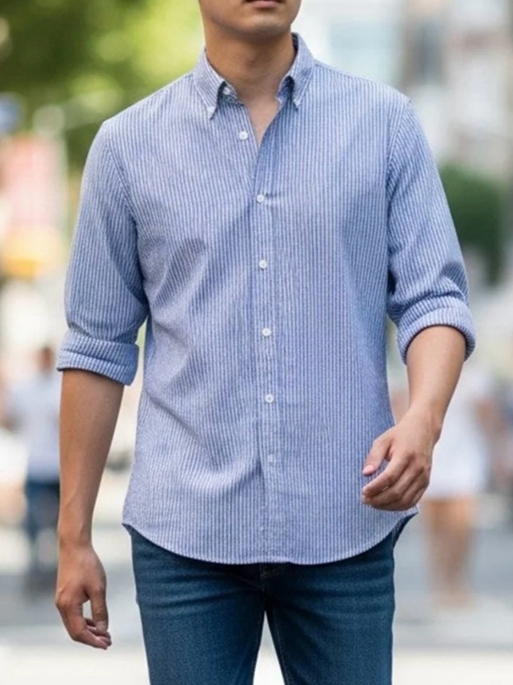Frank & Eileen Men’s Finbar Button Up Shirt Long Sleeve Cotton Striped Blue L